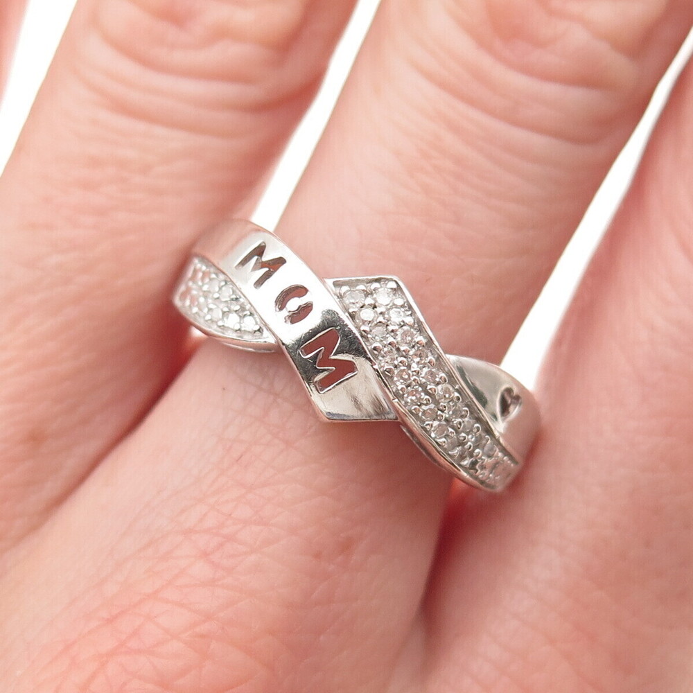 HN Heng Ngai 925 Sterling Silver Real Round-Cut Diamond Mom Heart Ring Size 7